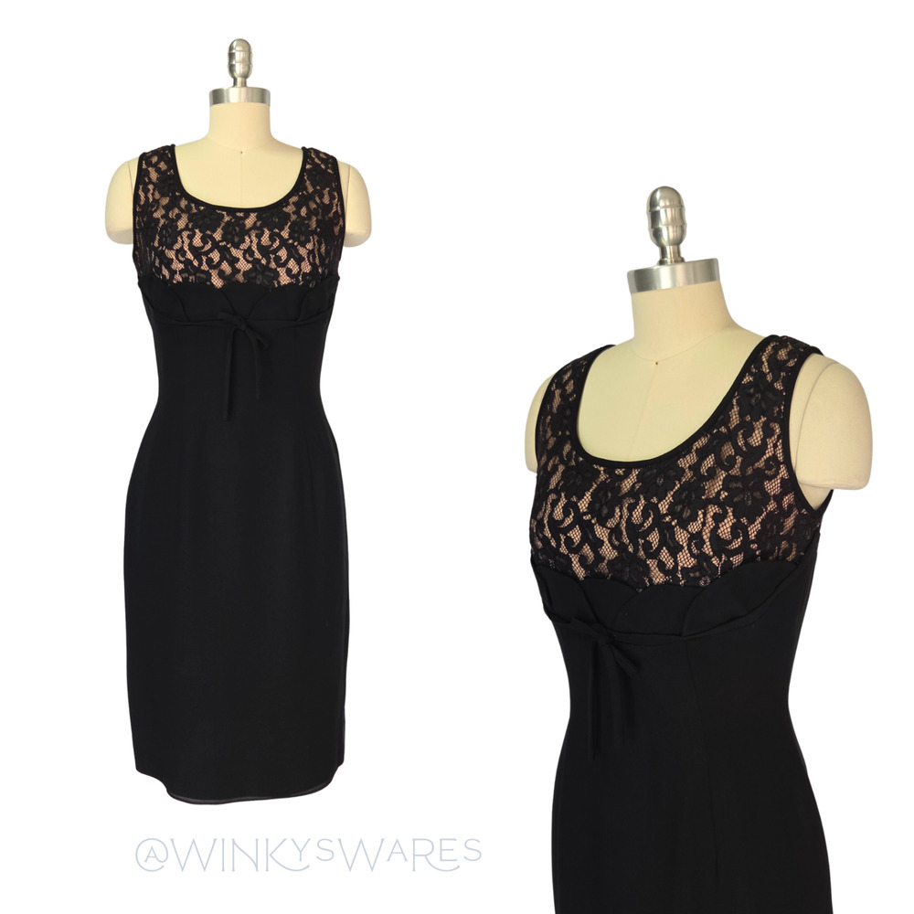 Vintage 50s Sue Leslie Black Wiggle Dress Size S M Shelf Bust Lace Sleeveless